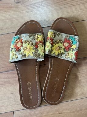 Women's Floral Embroidered and sequenced slides Sandals in Brown and Multicolor